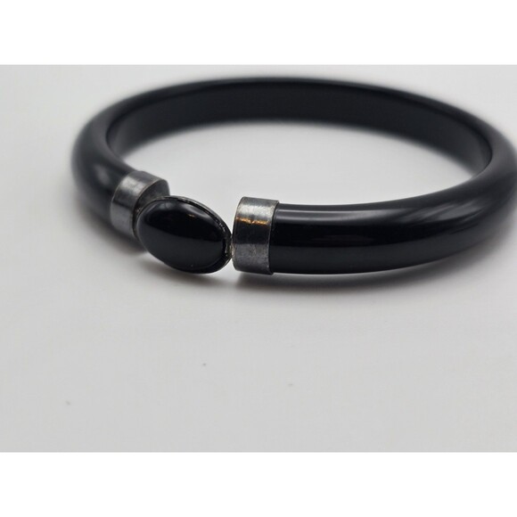 Vintage Black Stone Bangle Bracelet – Sterling Silver Clasp – Thick - Picture 1 of 6